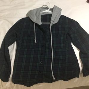 Plaid button up with hood